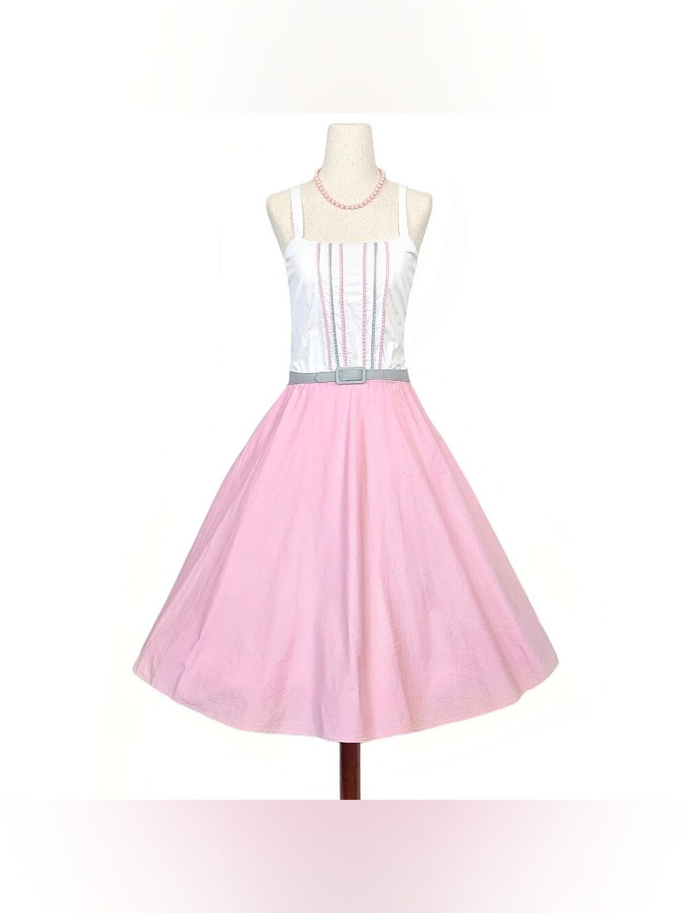 1970s Vintage Dress Set 70s Summer Fit Flare Pink White S/M Small Medium Cotton